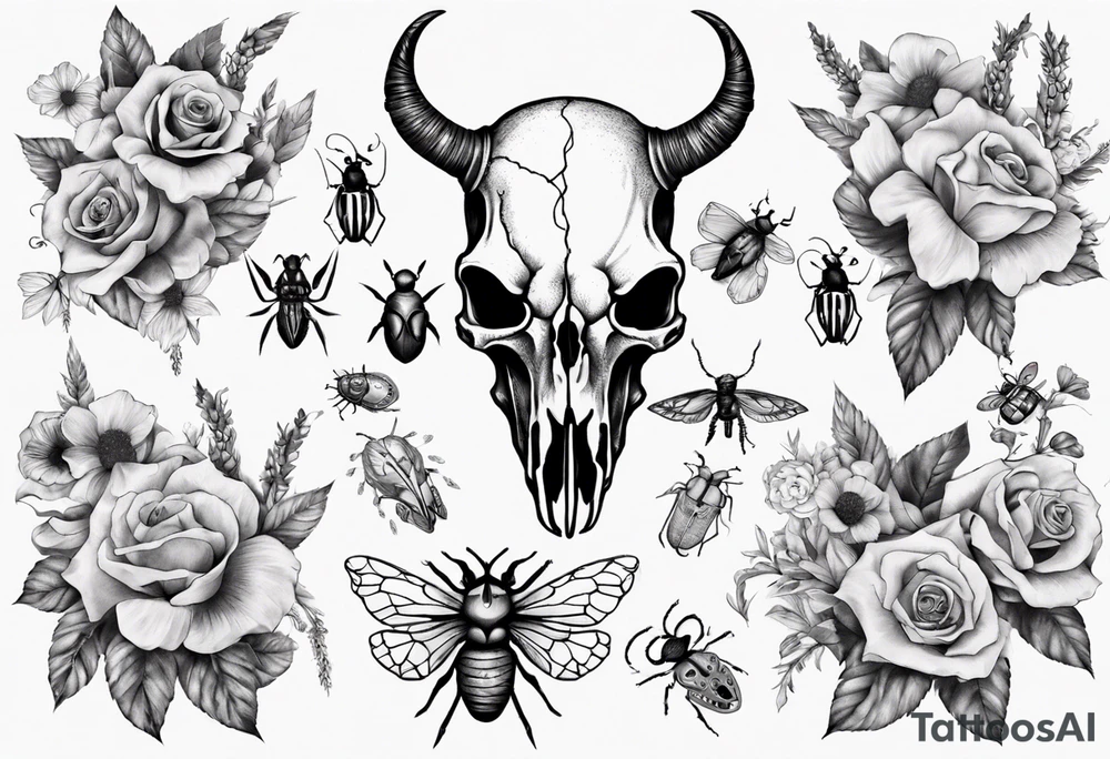 Animal skull with flowers and bugs around it tattoo idea Animal skull with flowers and bugs around it tattoo idea