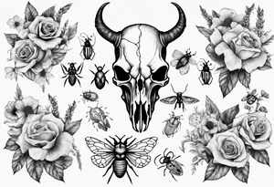 Animal skull with flowers and bugs around it tattoo idea