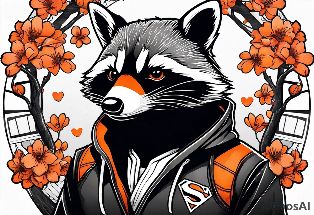 Raccoon wearing a white Superman logo on a black hoodie and orange Japanese cherry blossoms tattoo idea