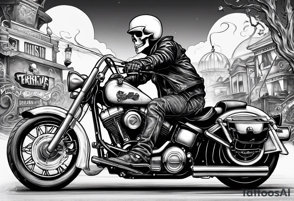 A skeleton riding a Harley motorbike also throwing a bomb tattoo idea