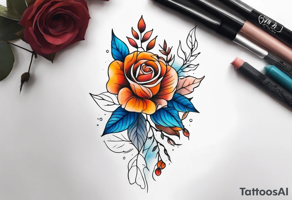 Front knee tattoo with fall colors, small flowers, rose, leaves, blue water flows with washes and background tattoo idea