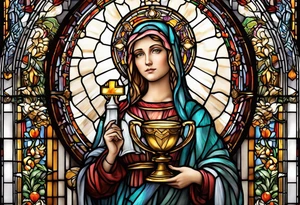 holy saint woman with halo stained glass holding a chalice with artillery tattoo idea