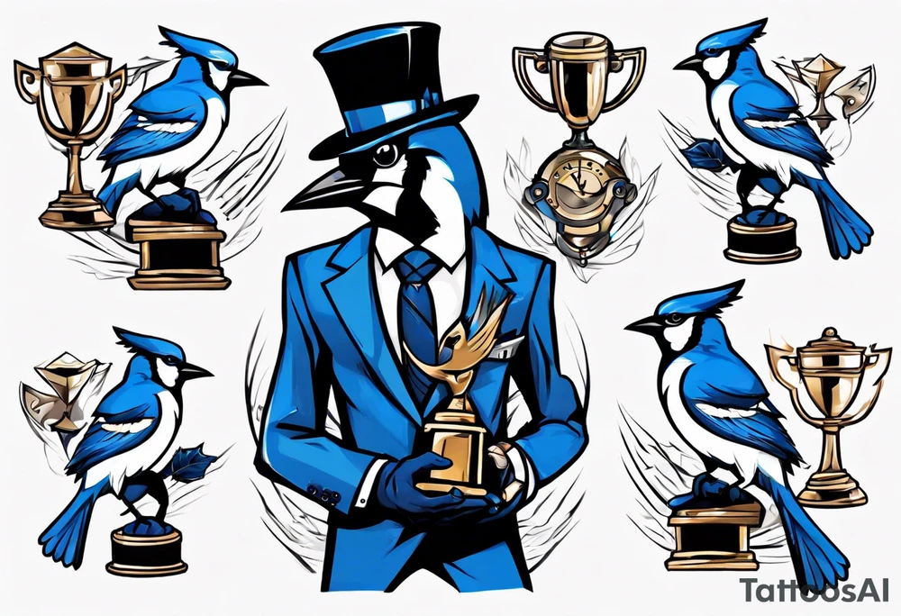 bluejay in a suit holding a trophy tattoo idea