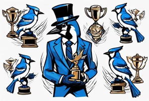 bluejay in a suit holding a trophy tattoo idea