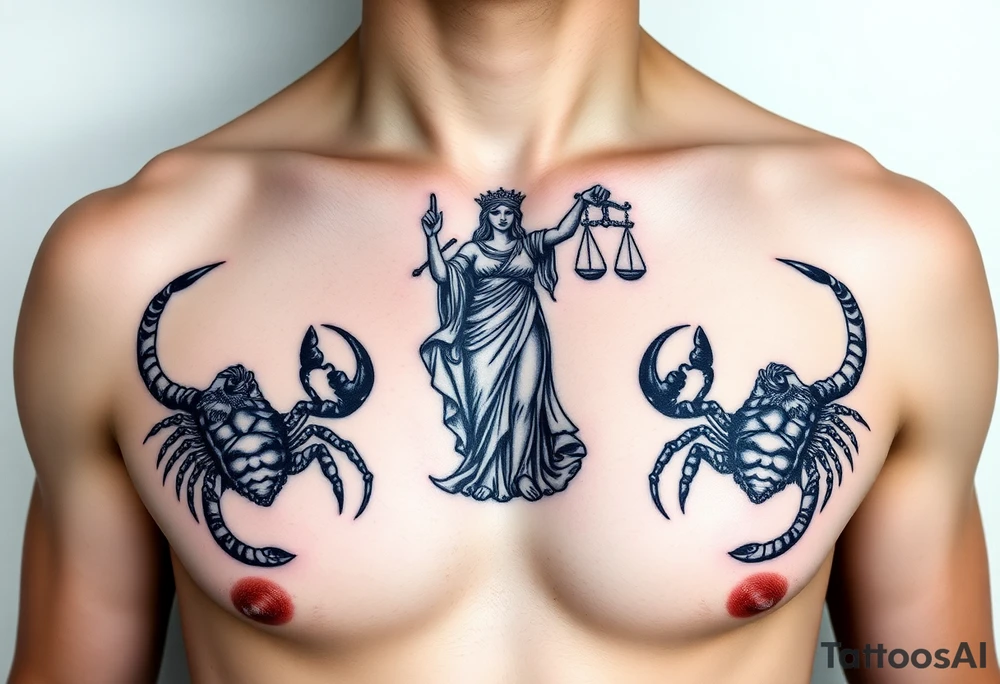 The figure of the blind Lady Justice next to two Scorpions tattoo idea