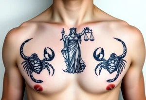 The figure of the blind Lady Justice next to two Scorpions tattoo idea