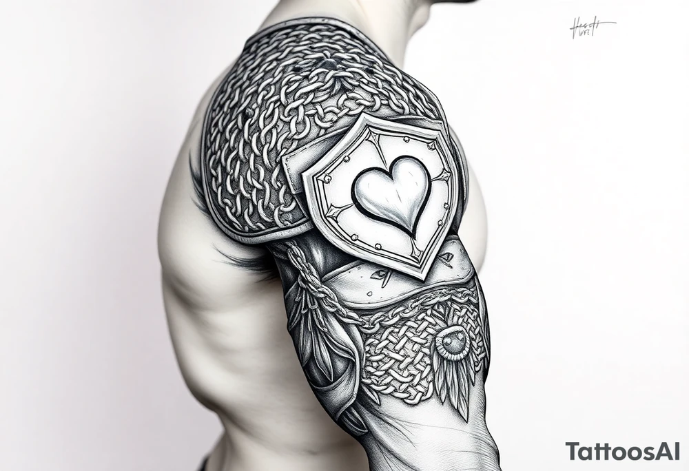 Chainmail armor from top of trapezius to below elbow with an intricate plate armor piece with a heart on shoulder tattoo idea