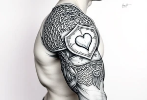 Chainmail armor from top of trapezius to below elbow with an intricate plate armor piece with a heart on shoulder tattoo idea