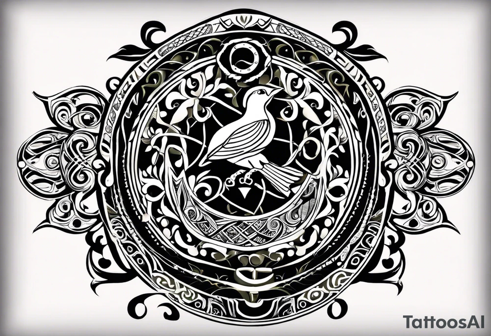 Craft a tribal Maori tattoo design seamlessly integrating the tree of life, a doctor bird, lignum vitae flowers, a nautical compass, and an old-school pocket watch. The design should flow from the arm to the chest, emphasizing equal importance for each element. Utilize traditional Maori patterns and symbolism to convey meaningful representation of these elements within the design, executed in a black and grey color scheme tattoo idea