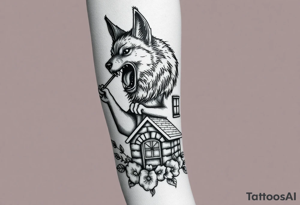 Big bad wolf  blowing down   a brick house tattoo idea