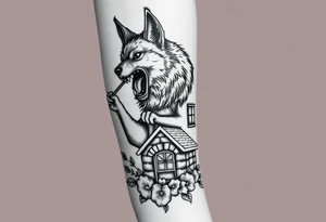 Big bad wolf  blowing down   a brick house tattoo idea
