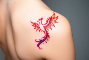 Square, phoenix rising from fire with both wings opened, colors red, pink, orange and purple. tattoo idea