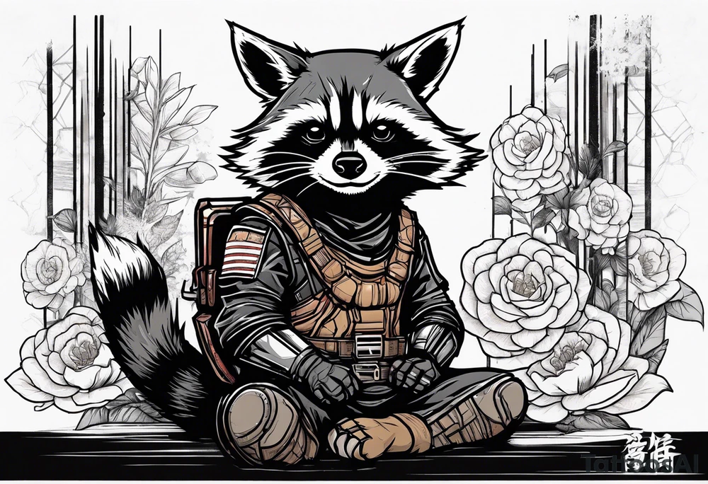 Rocket raccoon sitting with a black cat tattoo idea