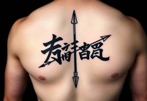 japanese writing with bow and arrow on chest tattoo idea
