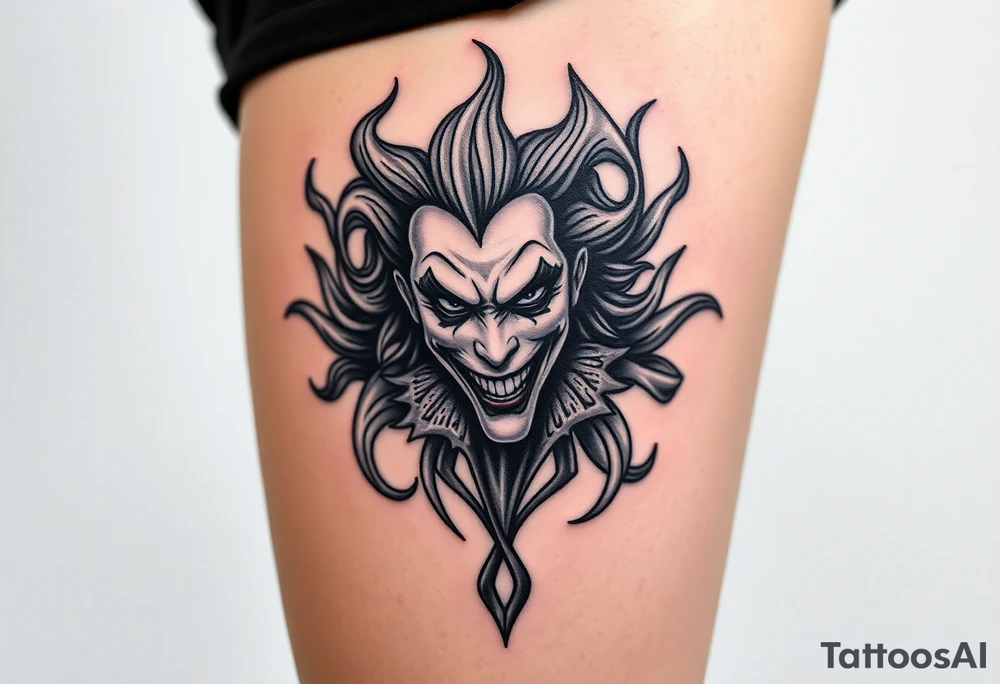 Powerful joker surrounded by flames tattoo idea