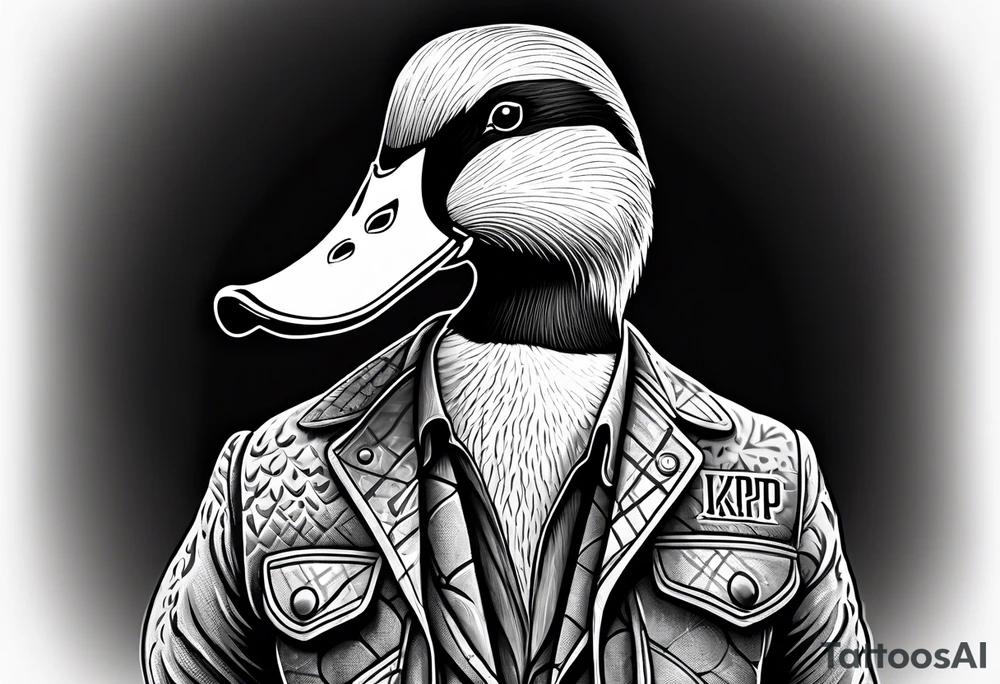 Hunting decoy Duck wearing a jacket that says "XRP" on the side. tattoo idea