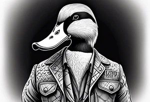 Hunting decoy Duck wearing a jacket that says "XRP" on the side. tattoo idea