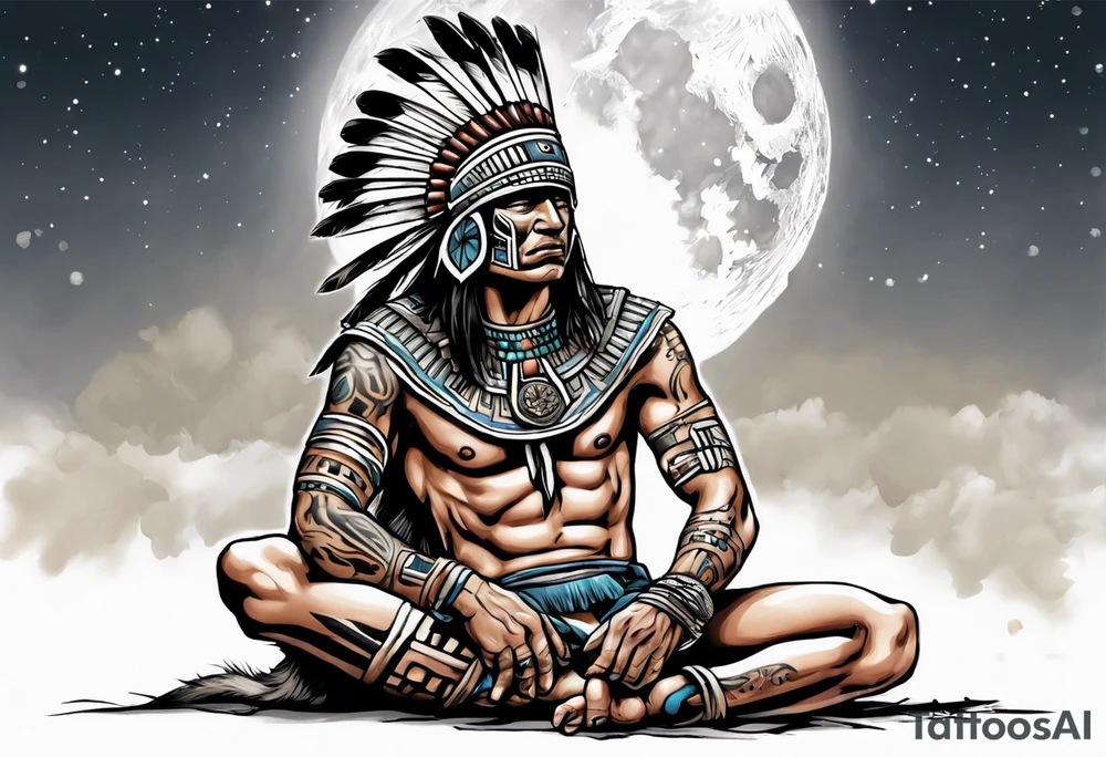 a heartbroken, tired, aztec warrior seeking peace after fighting for decades kneeling under the moonlight looking up to the sky tattoo idea