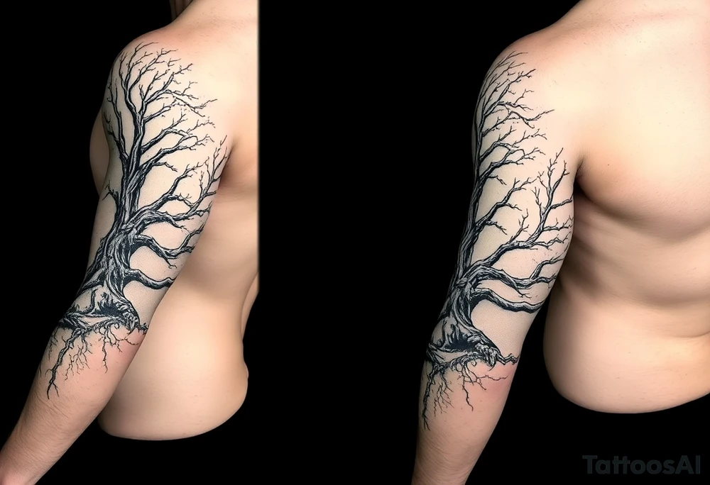 Whole Arm sleeve, tree with limbs wrapping around, negative space tattoo idea