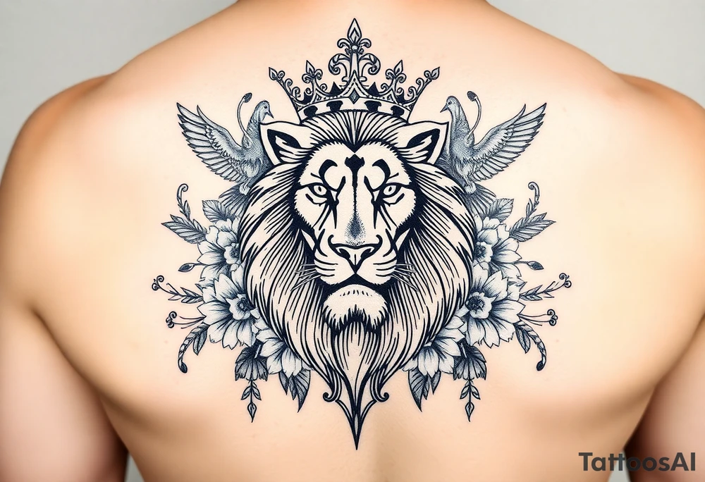 powerful majestic lion with a crown, surrounded by floral ornaments and birds tattoo idea