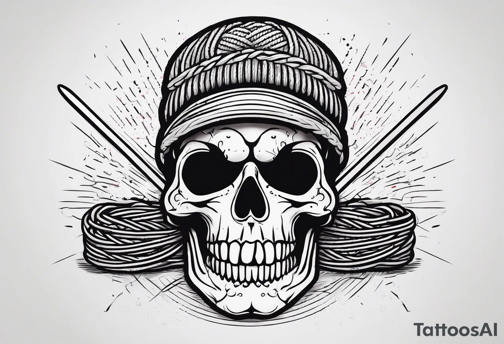 Black line skull with knitting needles stabbing through the eye sockets tattoo idea