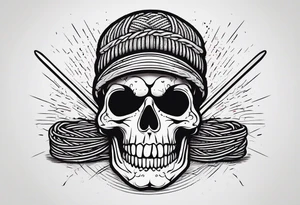 Black line skull with knitting needles stabbing through the eye sockets tattoo idea