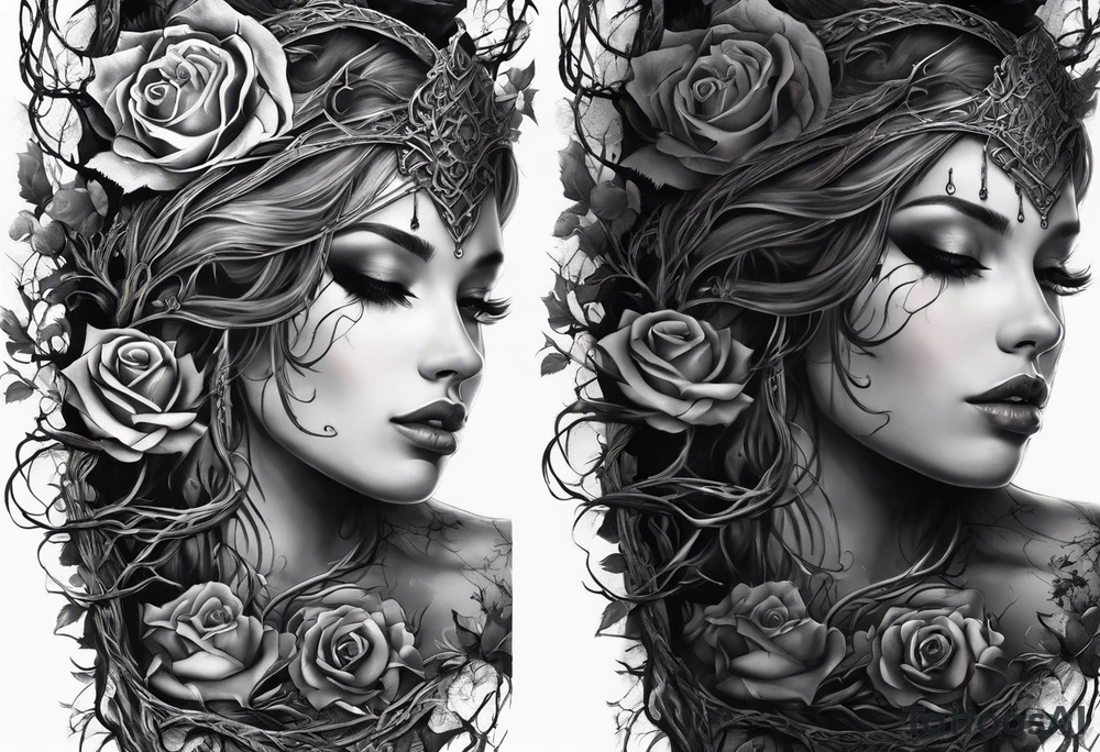 tattoo fool sleeve, dark gothic castle, tree roots break out of the chains, broken mask, roses tattoo idea