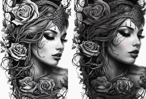 tattoo fool sleeve, dark gothic castle, tree roots break out of the chains, broken mask, roses tattoo idea