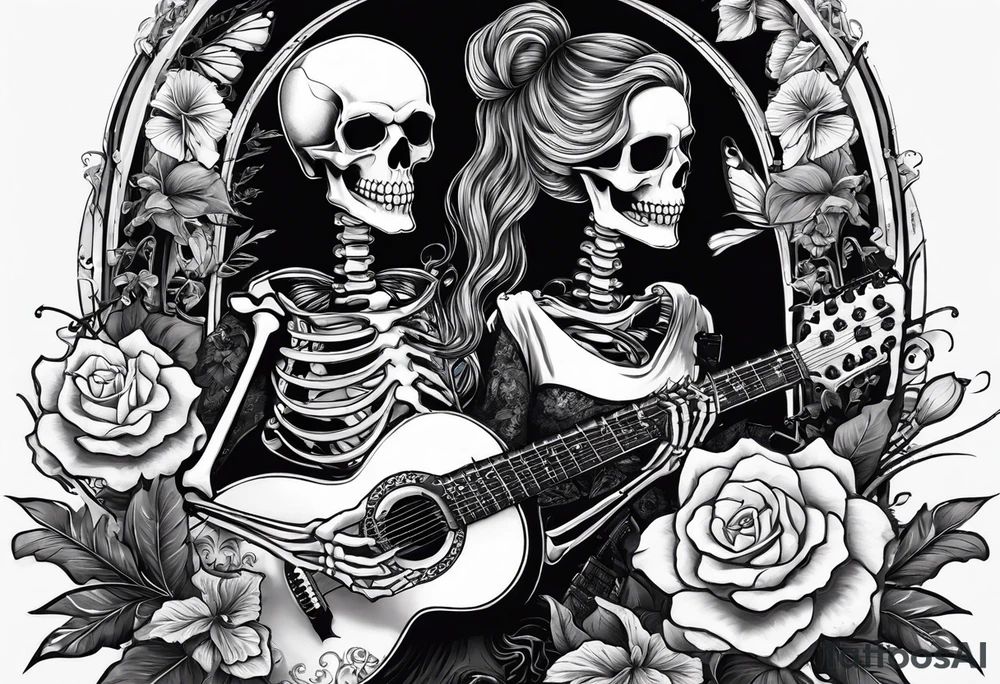 a female skeleton holding a hibiscus flower and a male skeleton playing a guitar. The scene should capture a moment of connection between the two, with the female skeleton attentively listening to the music played by the male skeleton. tattoo idea