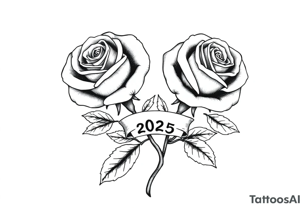 two big beautiful rose buds with leaves and separated by their intertwined cascading stems, with a small banner with the year "2025" on it, tying them together.  Add the following word "Rose" written in Kanji above the drawing. tattoo idea