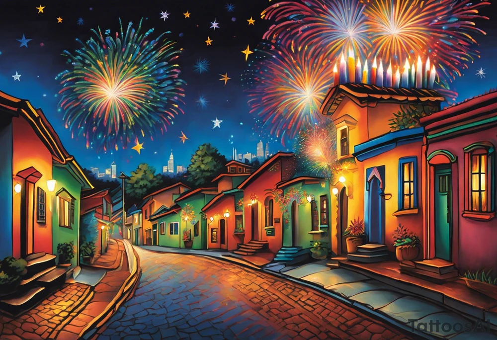 Fireworks burst across the night sky, surrounded by glowing candles and stars, capturing the magic and nostalgia of Colombian December nights. The scene is vibrant with multi-colored lights and an air of celebration. Soft linework mist or halos around the fireworks adds a magical, dreamy quality to the scene. The tattoo reflects joy and tradition, with an emphasis on warmth and festivity. tattoo idea