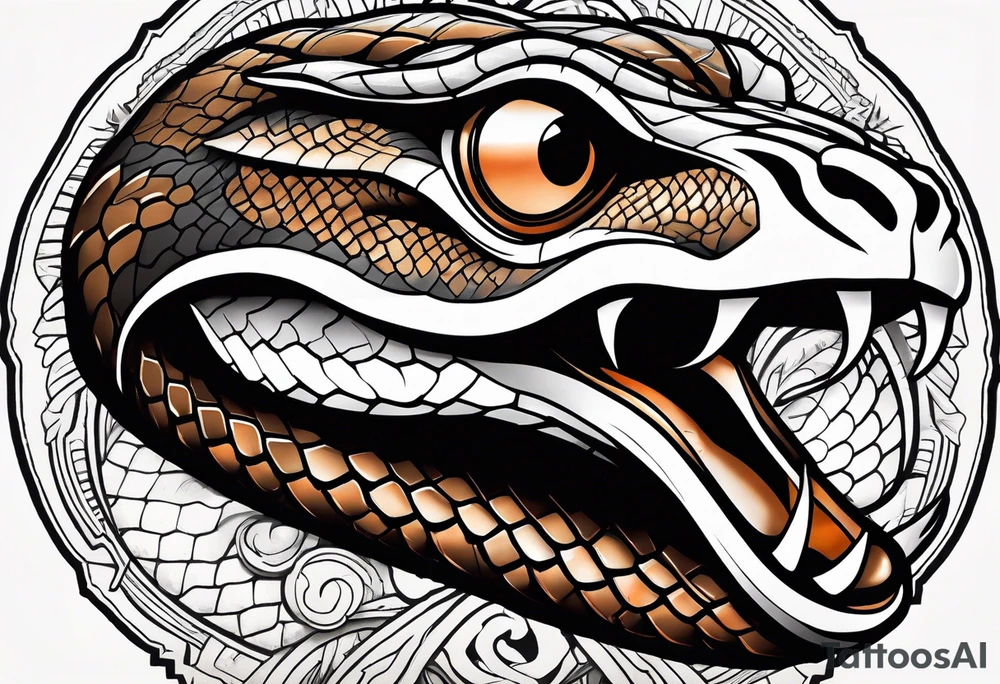 black and white drawing of a snake head with copper eyes an open mouth with mountain bike tire tread for body tattoo idea