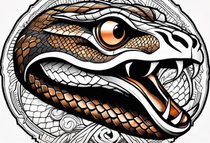 black and white drawing of a snake head with copper eyes an open mouth with mountain bike tire tread for body tattoo idea