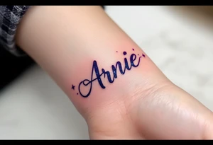 A galaxy-style tattoo with deep purples and blues, spelling out the son's name Arnie in constellation form. tattoo idea
