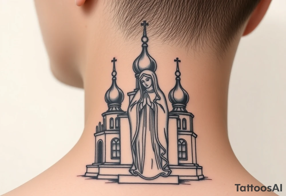 Russian orthodox church with bulb domes with a prominent russian orthodox style virgin mary stood outside with hands together tattoo idea