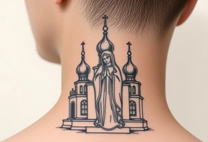 Russian orthodox church with bulb domes with a prominent russian orthodox style virgin mary stood outside with hands together tattoo idea