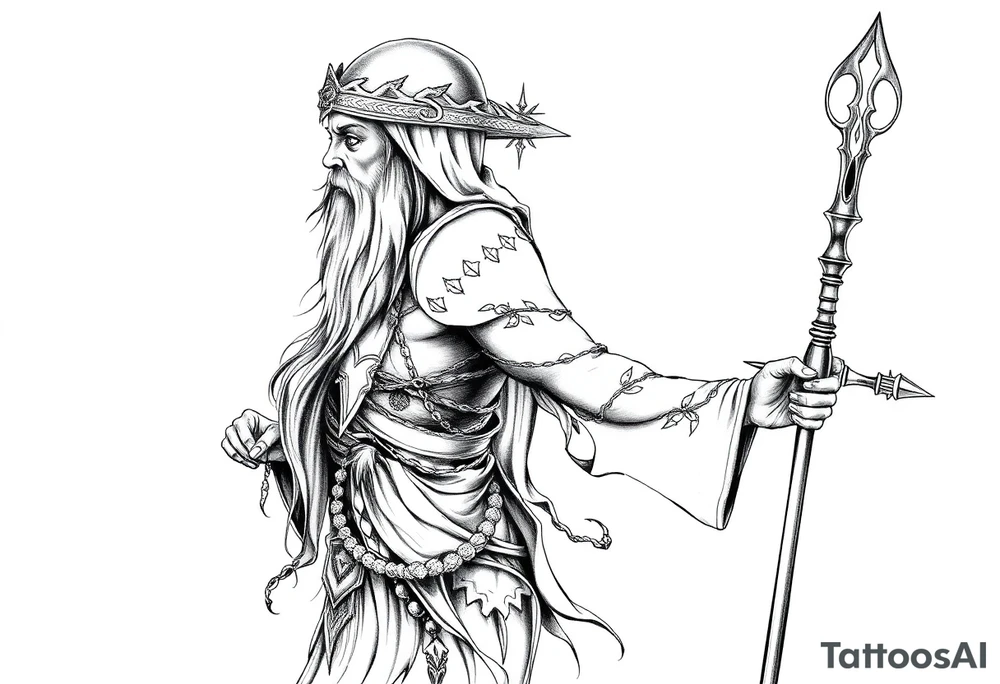 long shaman and witch  style mytical with ancient rhyme tattoo idea