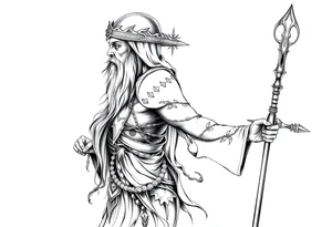 long shaman and witch  style mytical with ancient rhyme tattoo idea
