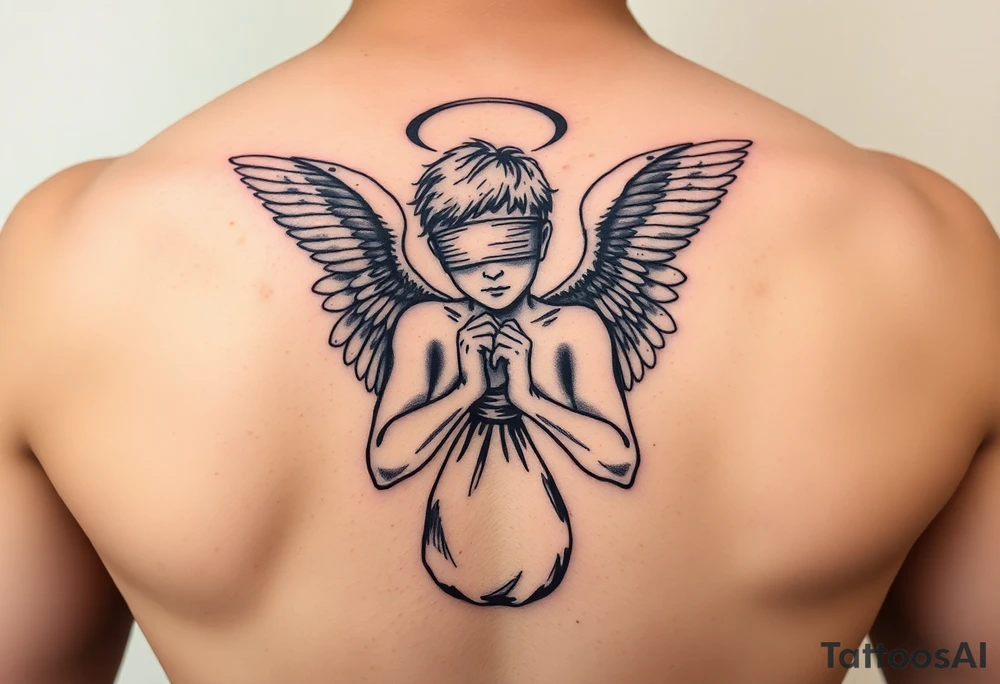 Blindfolded angel with bag money tattoo idea