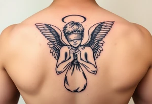 Blindfolded angel with bag money tattoo idea