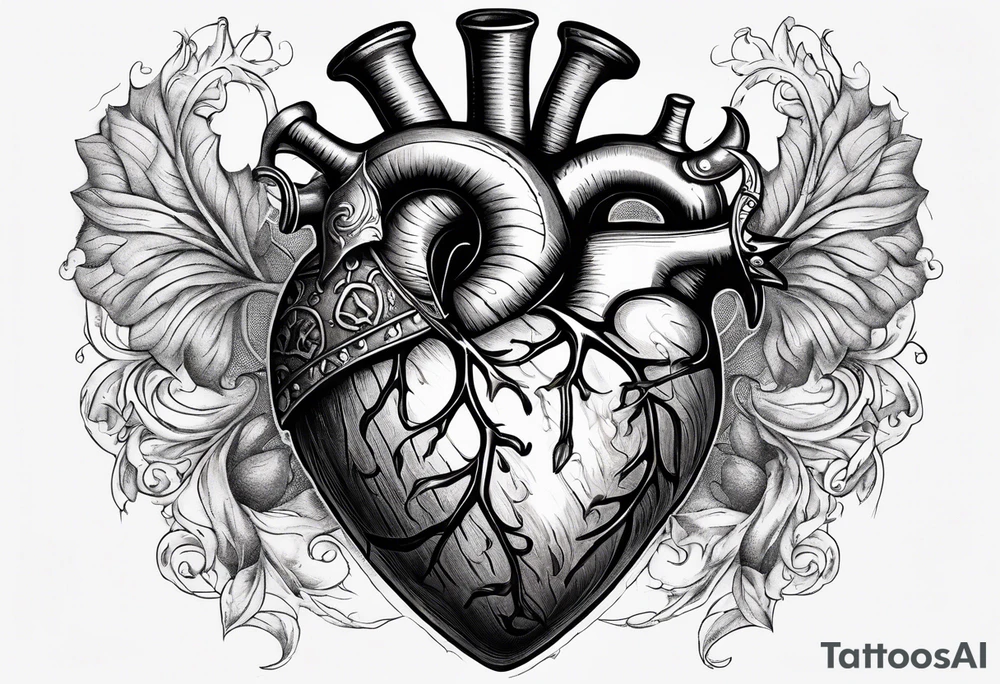 real looking anatomically correct heart that appears to be alive and pumping blood with an ancient anchor penetrating completely through it tattoo idea