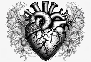 real looking anatomically correct heart that appears to be alive and pumping blood with an ancient anchor penetrating completely through it tattoo idea