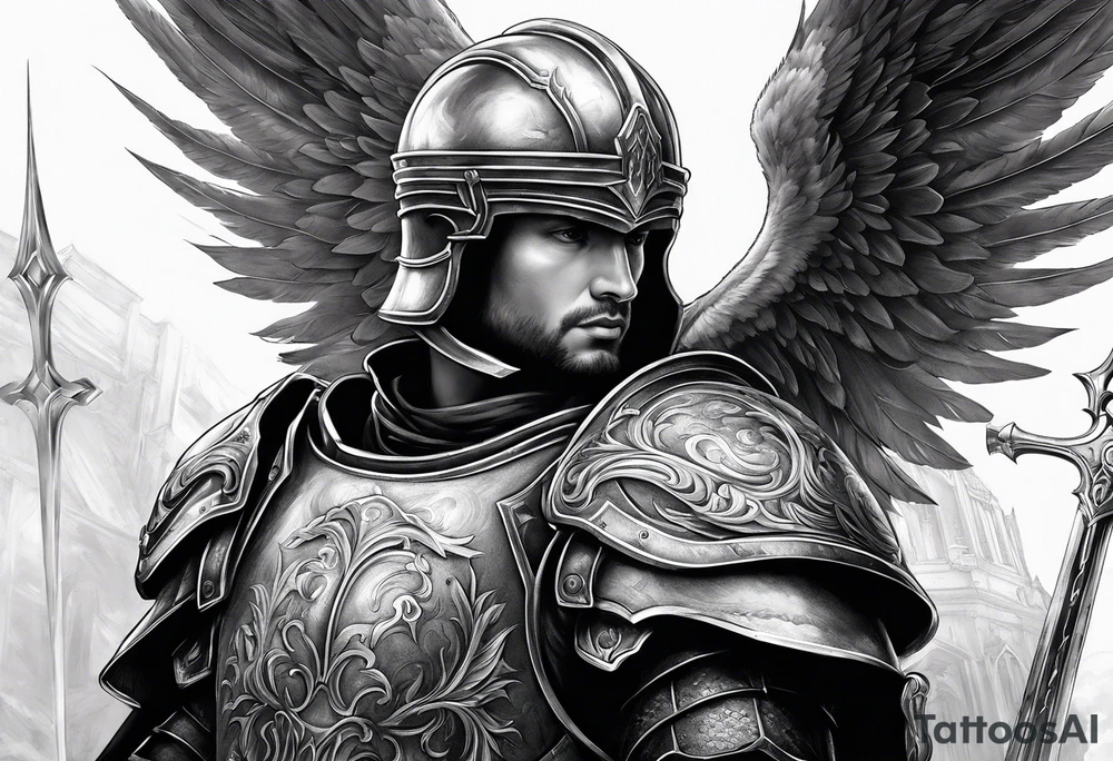 an angel's halo over a knight tattoo idea