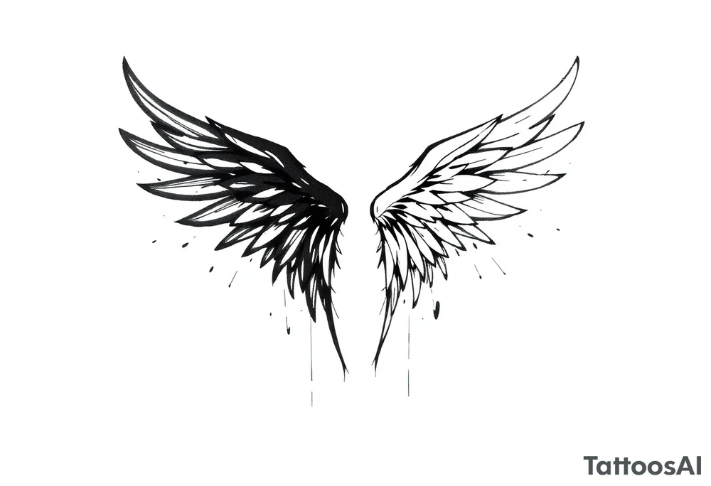 the wings go up

This tattoo design features a pair symmetrical angel wings drawn in black ink with a rough, sketch-like style. The left wing is darker, more defined, and appears denser, while the right wing is lighter, more delicate, and fragmented, creating a contrast between the two. The feathers are sharp and irregular, with fine lines and stray strokes extending outward, adding a raw and artistic feel. The overall look is dynamic and slightly chaotic, giving the impression of movement or an unfinished, ethereal form. This design symbolizes duality, freedom, transformation, or even struggle, making it a meaningful and visually striking tattoo. tattoo idea