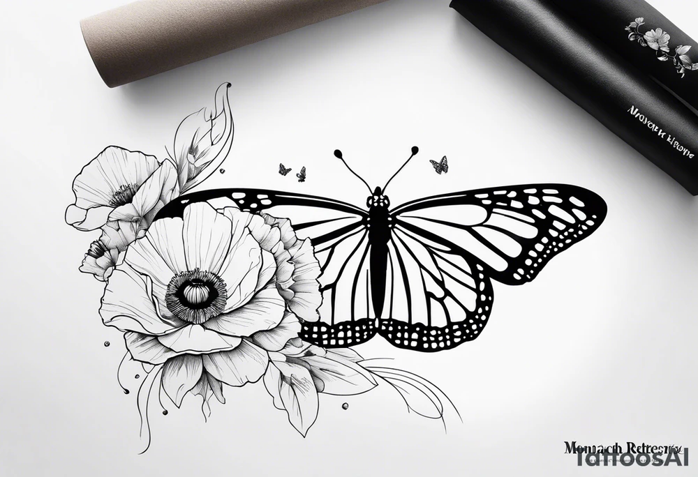 A black and white, fine line tattoo design of a monarch butterfly with poppy flowers inside the top wings. The butterfly has clean lines, and the poppies are delicately integrated within the wings. The bottom wings are simple. The overall style is elegant and refined, focusing on the graceful fusion of the butterfly and flowers. I don’t want flowers outside of the butterfly’s wings and the top wing should only be used as an outline for the flowers inside tattoo idea