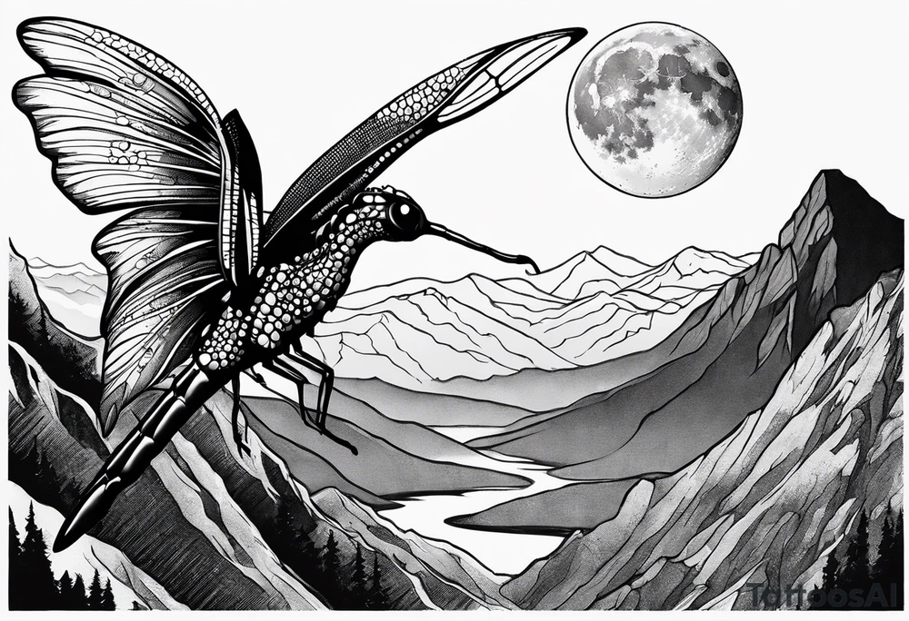 Mexican dragon fly ring over a mountain and around the moon arms sleeve tattoo idea