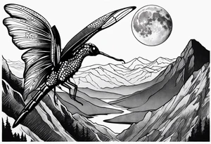 Mexican dragon fly ring over a mountain and around the moon arms sleeve tattoo idea