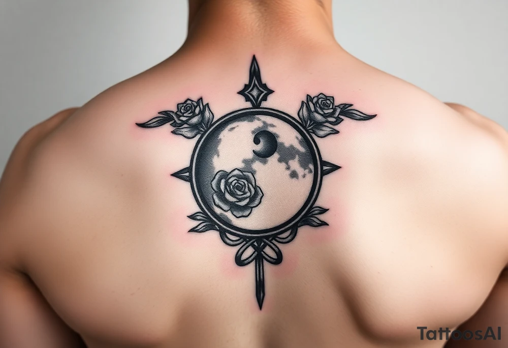 Search Lilith royalty symbol on Google and use that one together with a rose around the top half of the symbol moon and add a loose knot tattoo idea