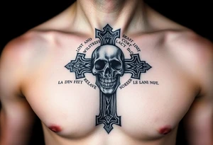 Latin words surrounding a ancient death cross with a skull in middle worshippers of the dead tattoo idea