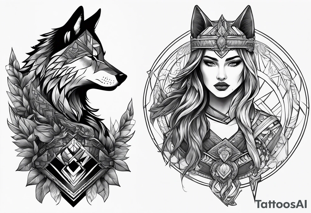 valkeryie woman 
warrior wolf crow axe tattoo idea